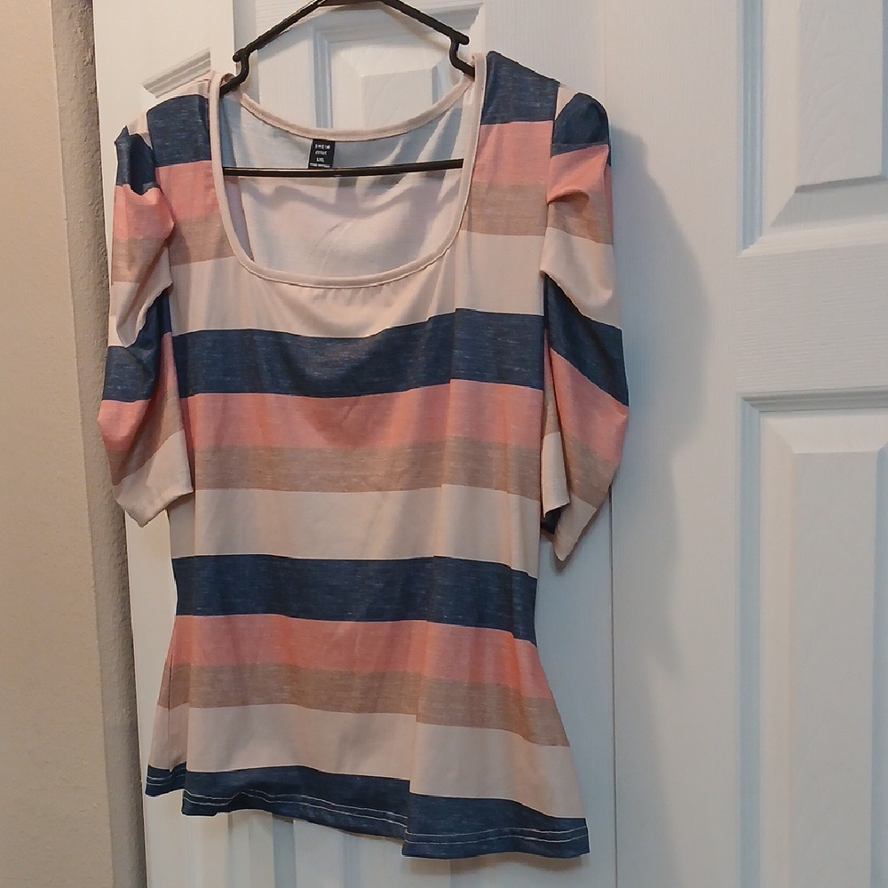 SHEIN Blue and Pink Ruffled Fitted Blouse 3/4 Sleeve